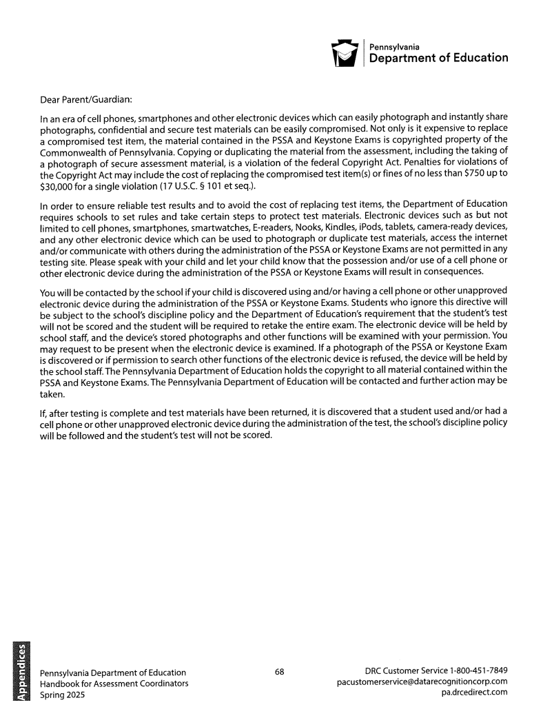  Important Notice: Electronic Device Policy for PSSA and Keystone Exams
